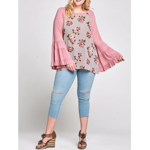 Mauve Pink Floral Ruffle Kimono Bell Slv Tunic Top - Picture 2 of 6